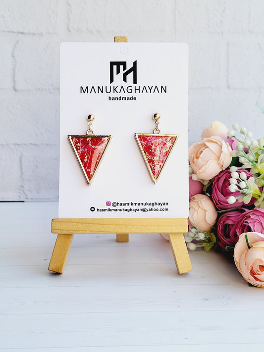 Marble Glamour Red Triangle Earrings | Hand Carved Polymer Clay | Red Marble Dangle Earrings | Handmade Triangle Earrings for Women