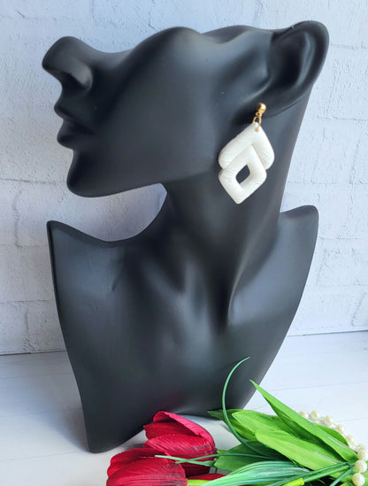 White Textured Geometric Polymer Clay Earrings/Modern Double Diamond Earrings/Unique Textured White Earrings