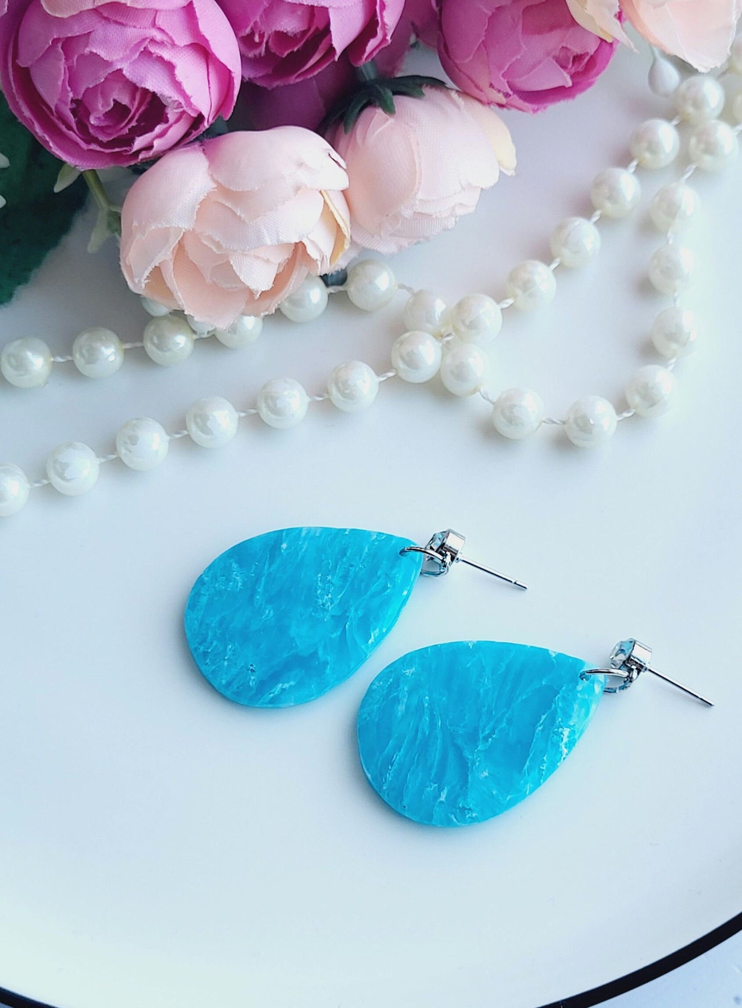 Modern Sky Blue Earrings with a Textured Glossy Finish/Trendy Lightweight Earrings Featuring Bright Blue Polymer Clay