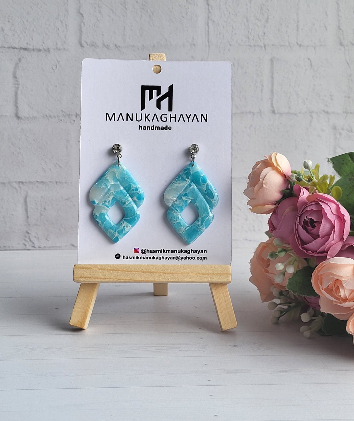 Ocean-Inspired Geometric Clay Earrings/Elegant Aqua Statement Earrings/Artistic Geometric Clay Jewelry