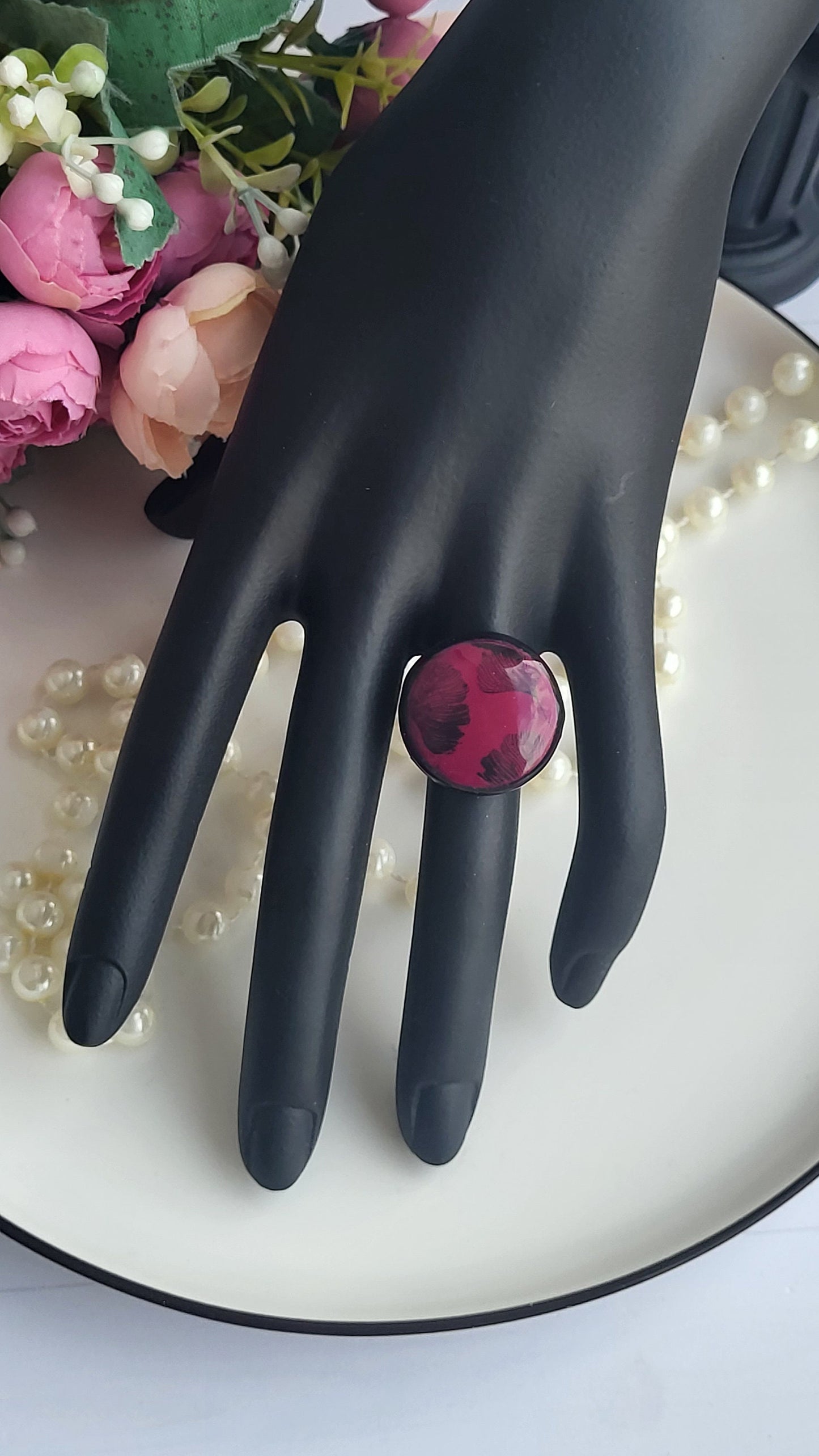 Bordeaux Polymer Clay Jewelry Set | Round Necklace | Matching Ring | Stud Earrings | Circle Pendant Charms | Polymer Clay Round Earring
