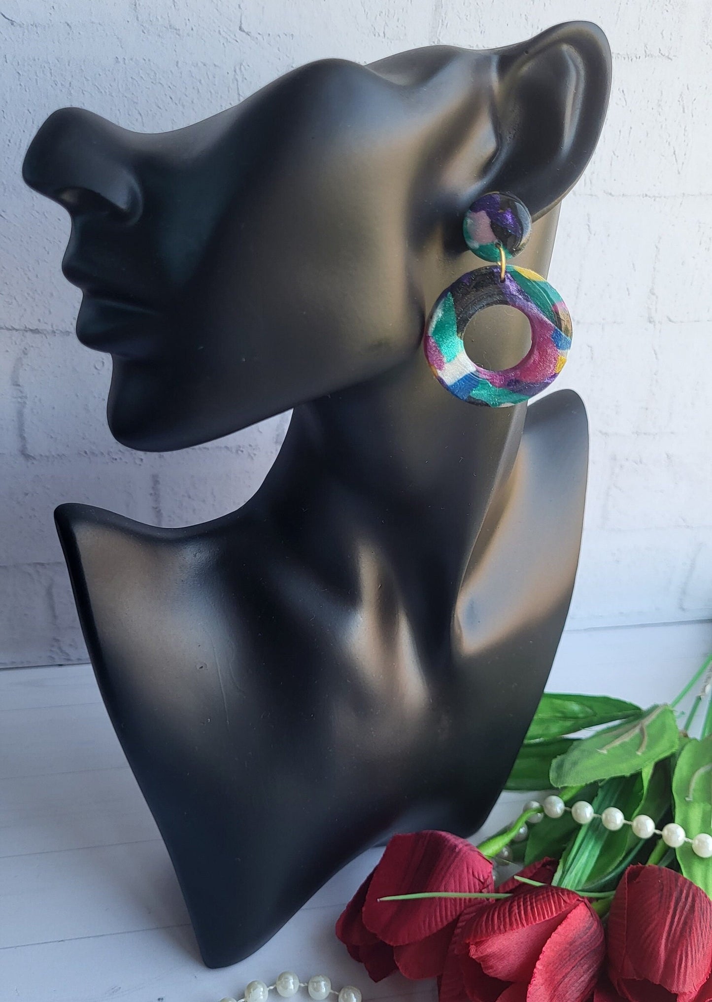 Handmade Multicolor Polymer Clay Earrings with Abstract Design/Colorful Statement Earrings for a Bold Look/