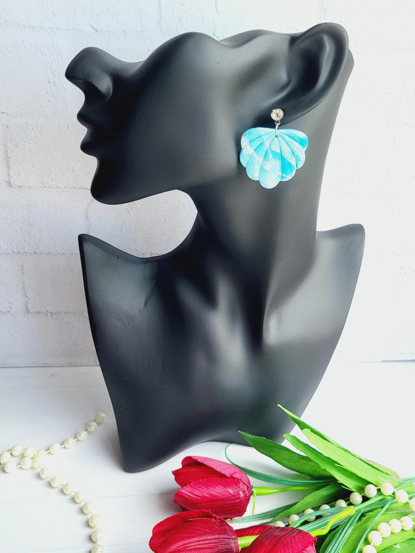Handmade Polymer Clay Seashell Earrings | Scalloped Turquoise & White Marbled Earrings | Ocean-Inspired Jewelry | Stylish Dangle Earrings