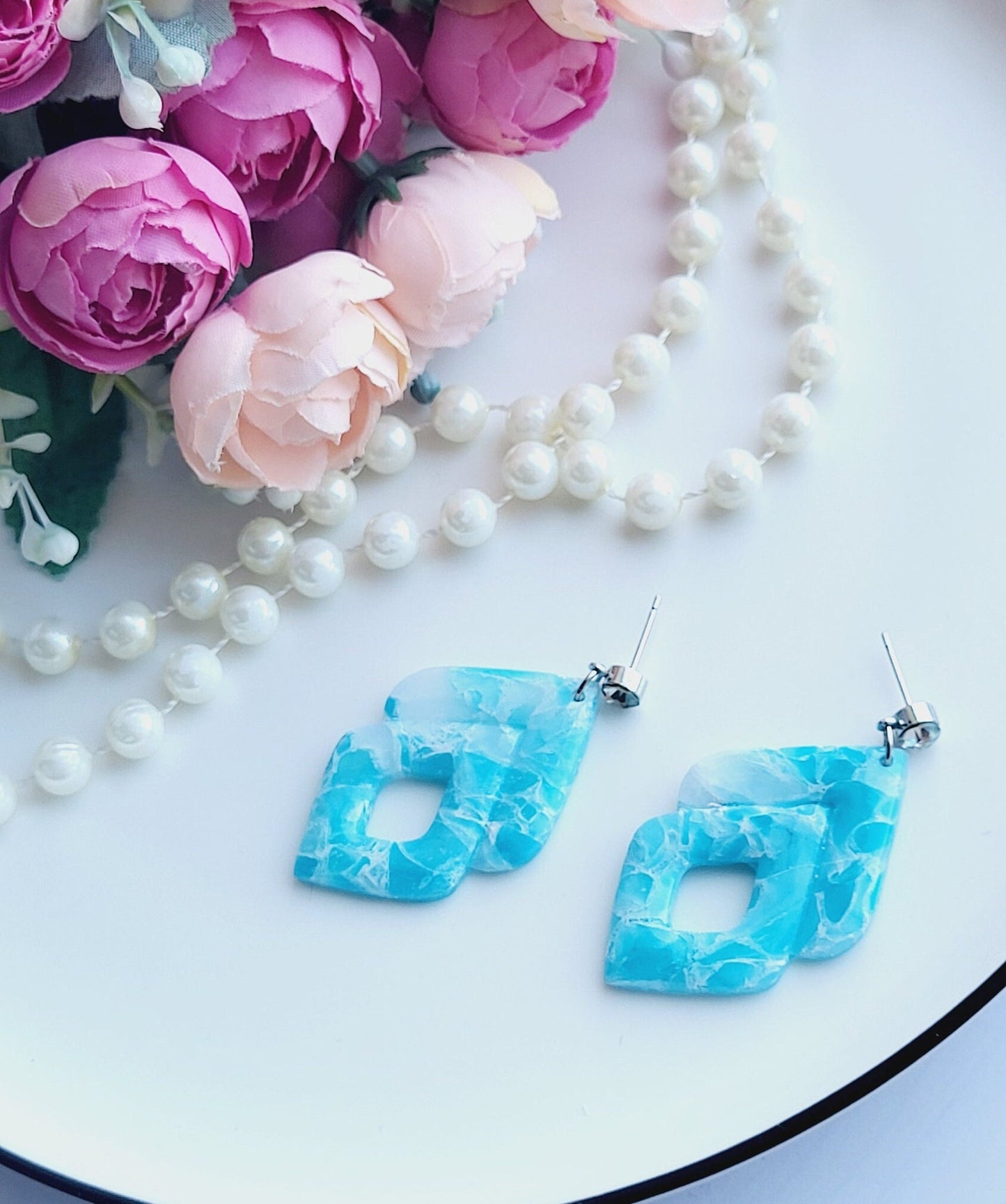 Ocean-Inspired Geometric Clay Earrings/Elegant Aqua Statement Earrings/Artistic Geometric Clay Jewelry