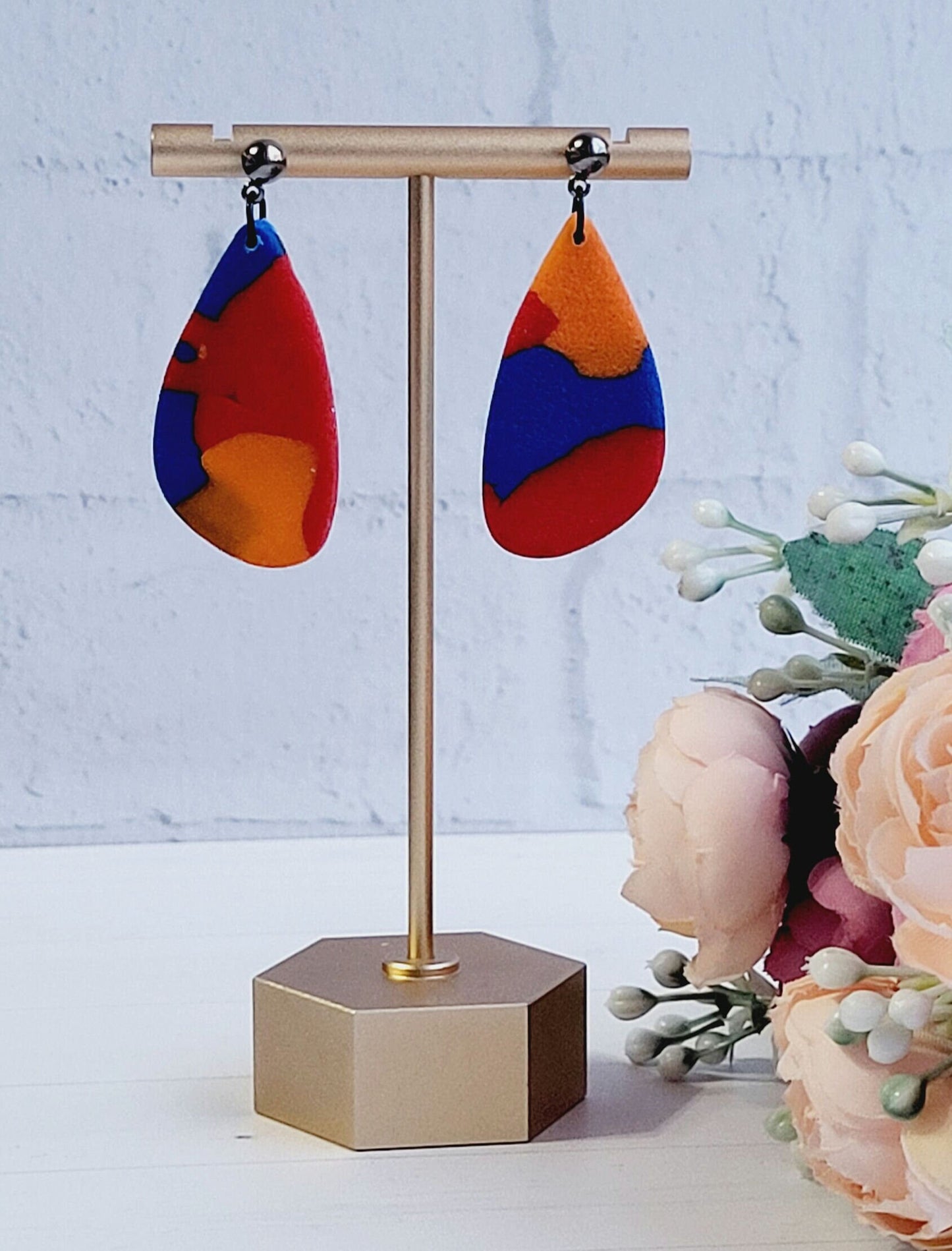 Abstract Colorful Drop Earrings/Statement Art Polymer Earrings/Modern Red and Blue Clay Earrings/