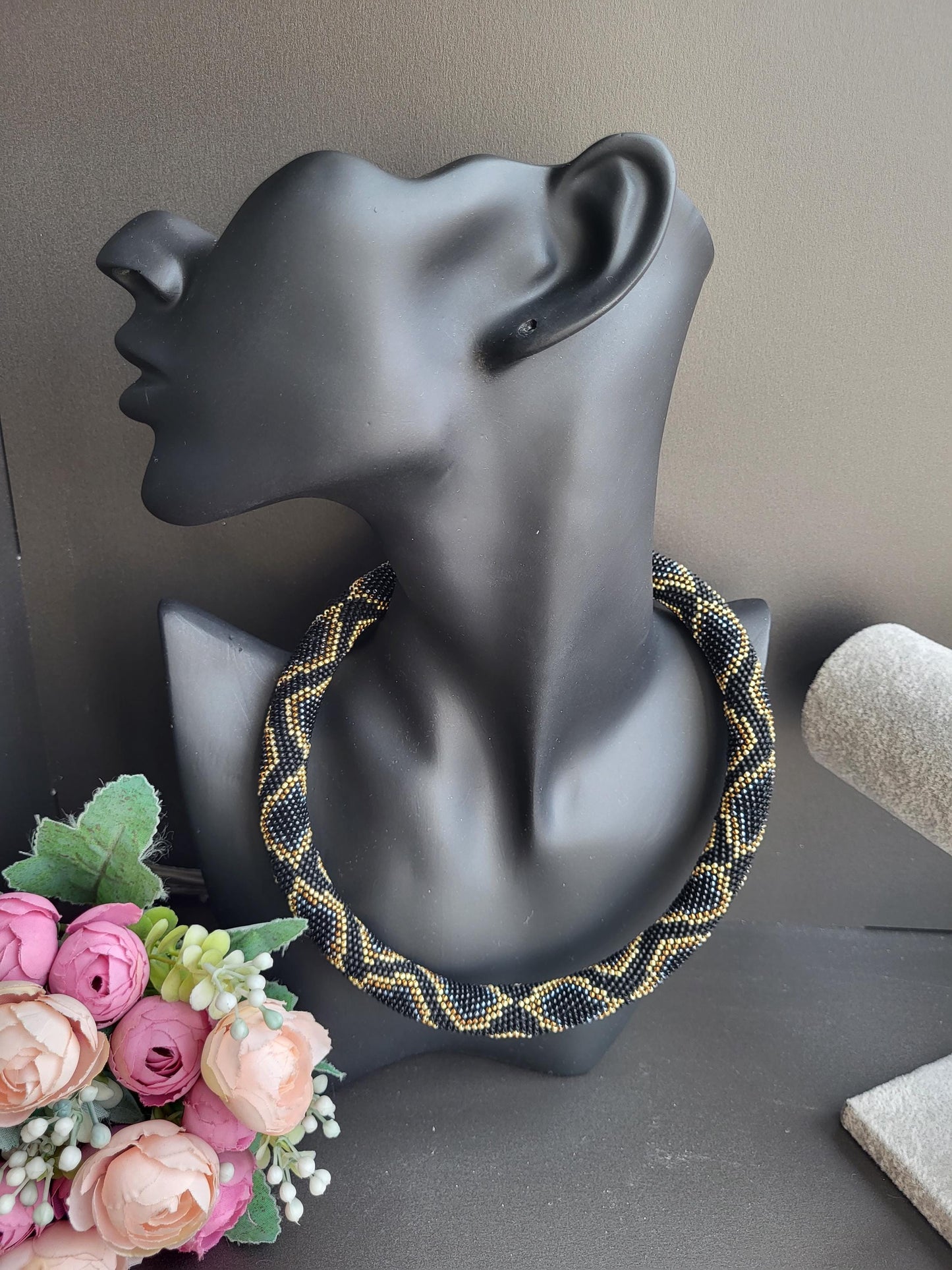 Elegant Beaded Rope Necklace – TOHO Beads in Black and Gold/Luxurious Handmade TOHO Necklace – Black, Bronze and  Gray Tones