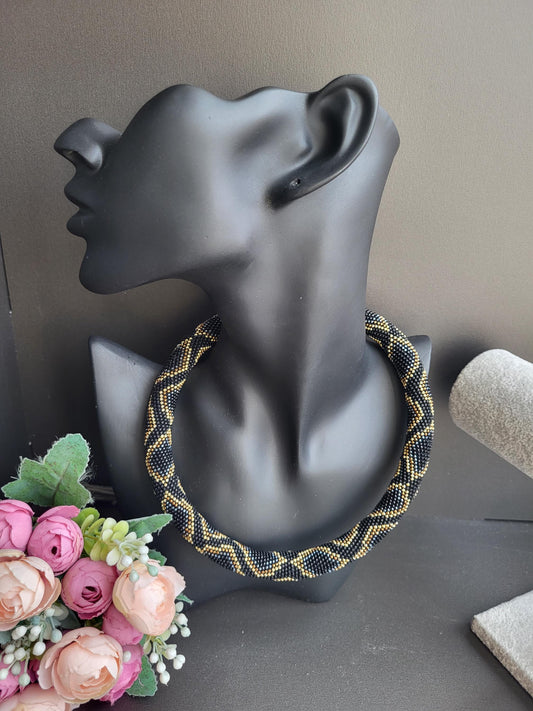Elegant Beaded Rope Necklace – TOHO Beads in Black and Gold/Luxurious Handmade TOHO Necklace – Black, Bronze and  Gray Tones