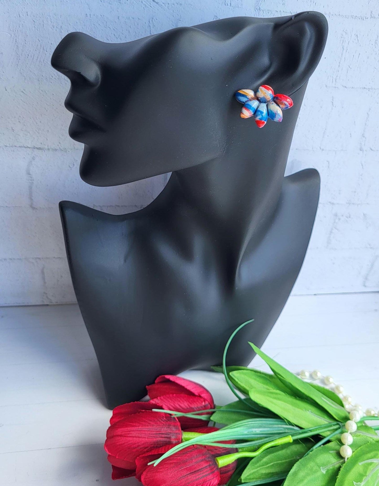 Handmade Floral Polymer Clay Earrings in Warm Tones/Unique Flower-Inspired Earrings with Red and Blue Petals