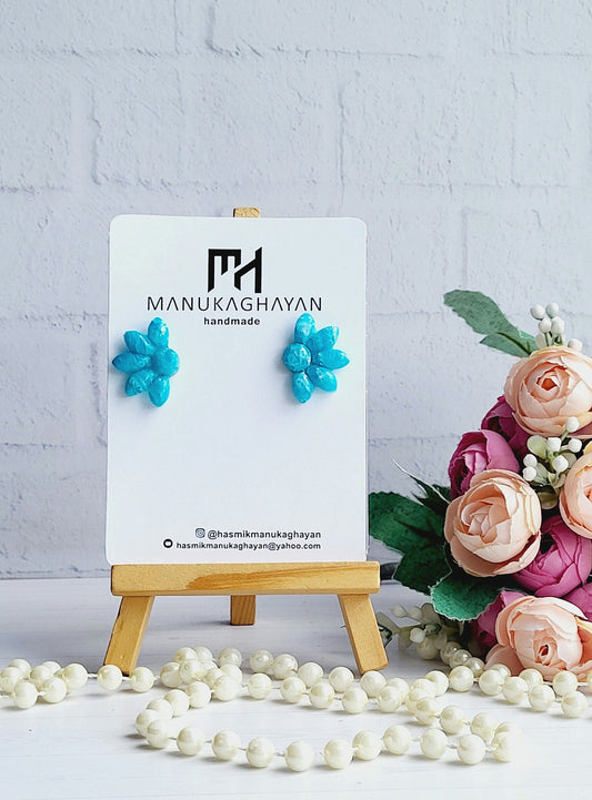 Bold and Bright Floral Earrings in Glossy Blue/Unique Blue Flower Earrings Crafted from Polymer Clay