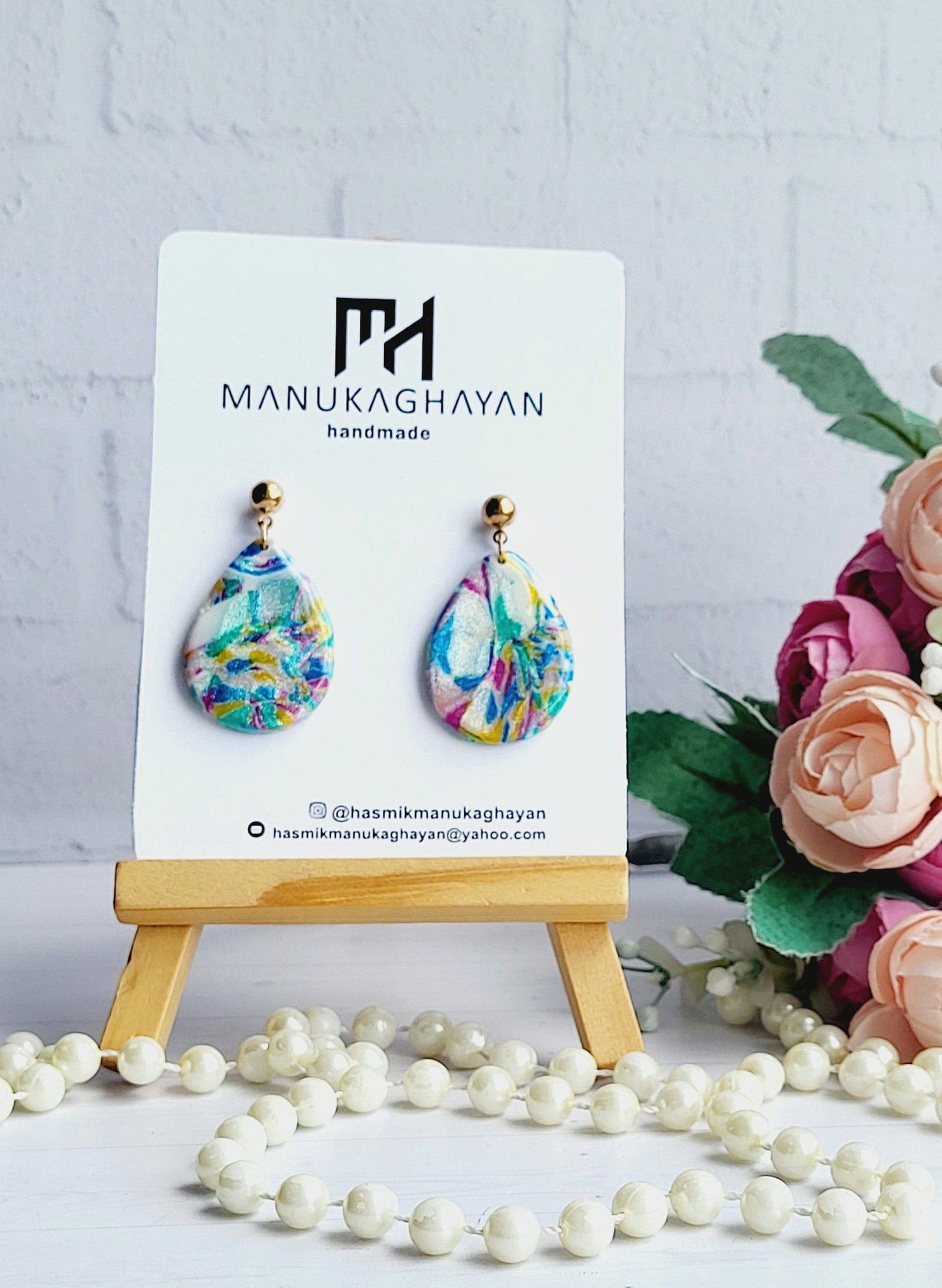 Shimmering Abstract Teardrop Clay Earrings/Handmade Multicolor Teardrop Earrings/Unique Abstract Design Clay Earrings