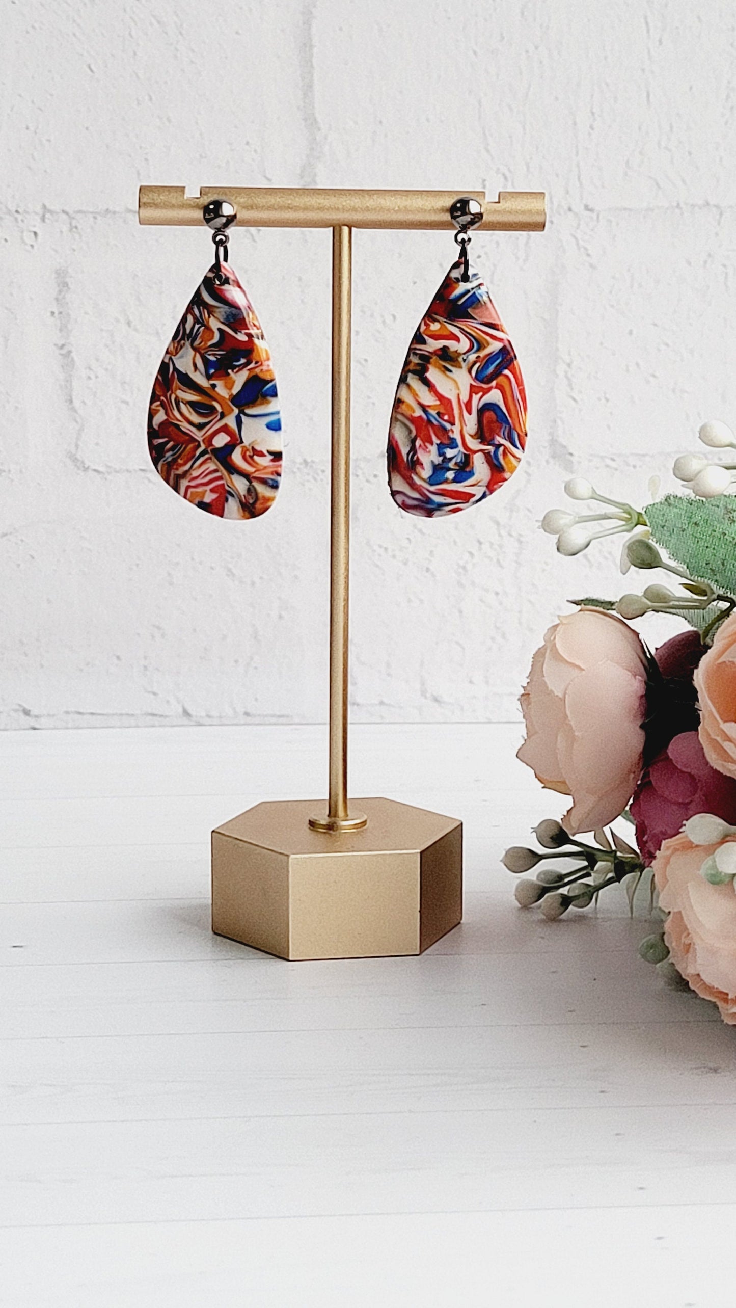 Bold Abstract Teardrop Polymer Clay Earrings/Colorful Swirl Teardrop Earrings/Artistic Marbled Clay Teardrops