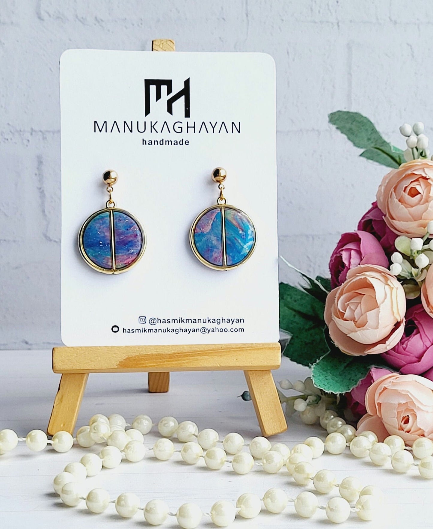 Handmade Abstract Polymer Clay Drop Earrings with Gold Accent/Unique Colorful Polymer Clay Earrings with Minimalist Gold Line