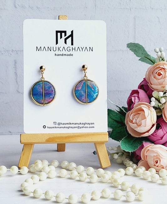Handmade Abstract Polymer Clay Drop Earrings with Gold Accent/Unique Colorful Polymer Clay Earrings with Minimalist Gold Line