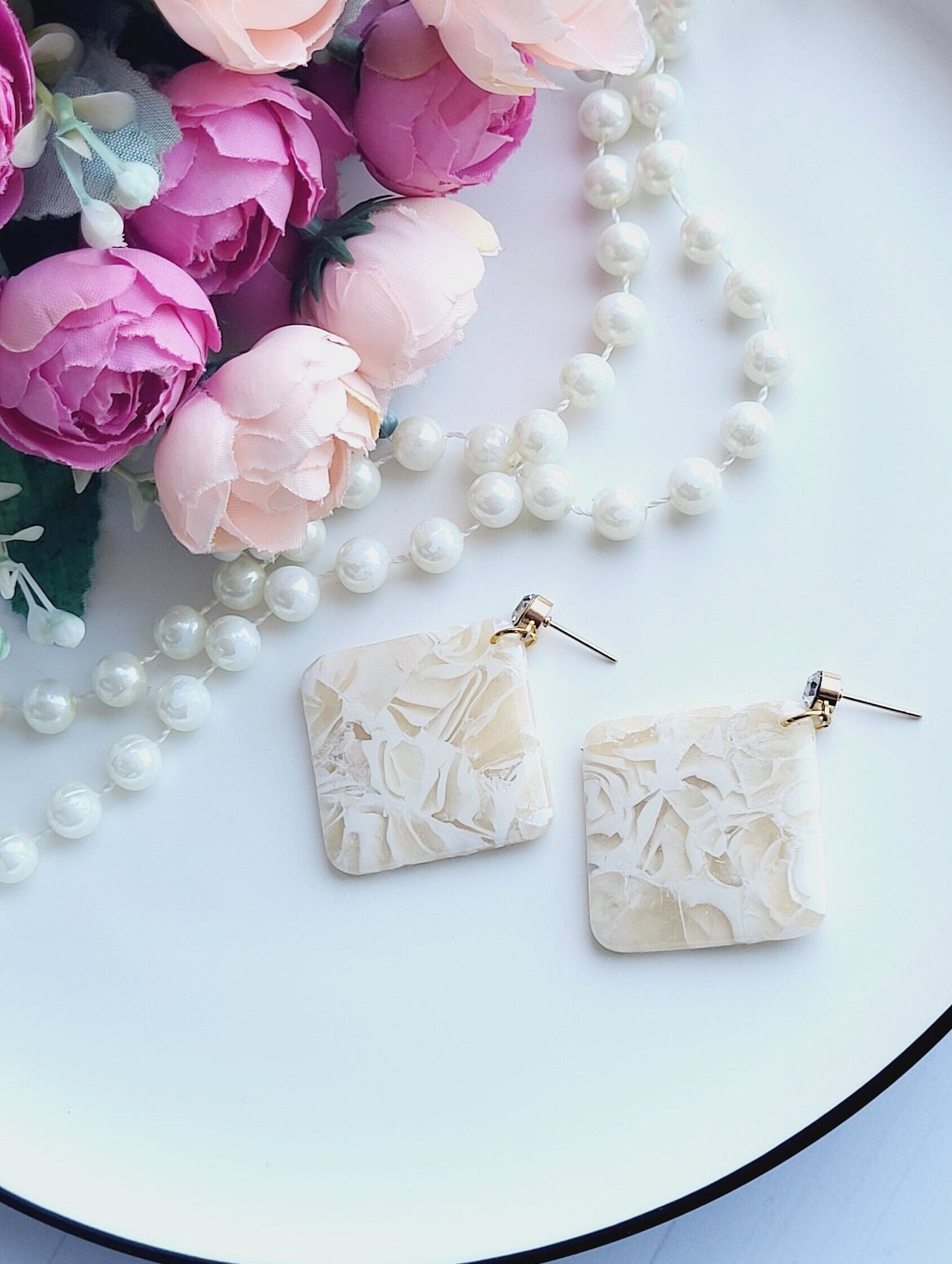 Square Polymer Clay Dangle Earrings | Cream Textured Beige Statement Earrings | Handmade Neutral Square Earrings | Polymer Clay Jewelry