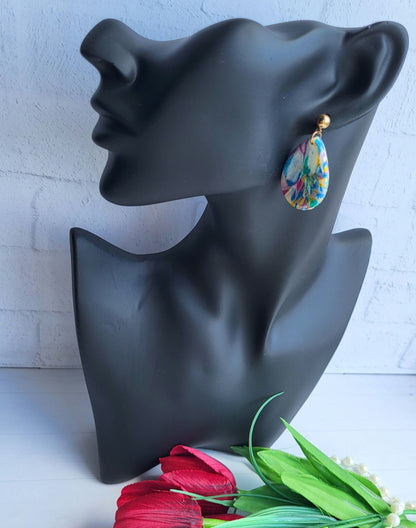 Shimmering Abstract Teardrop Clay Earrings/Handmade Multicolor Teardrop Earrings/Unique Abstract Design Clay Earrings