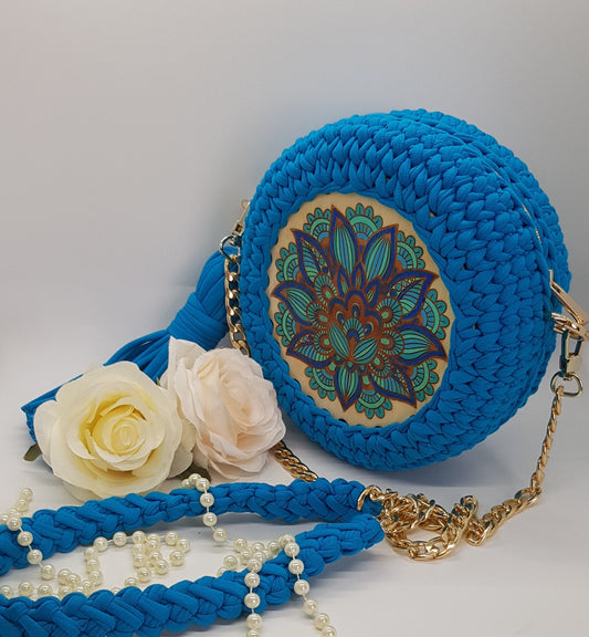Handmade Turquoise Knitted Bag | Wooden Painted Mural Decor | 18x8 cm with Cotton Lining and Pocket | Fabric & Chain Handle | Women's Bag