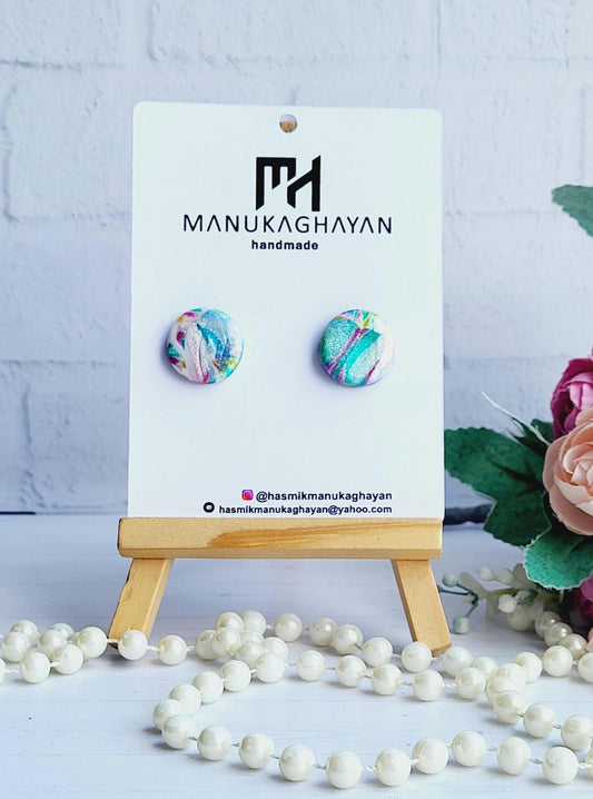 Artistic Small Earrings with Glossy Multicolor Design/Minimal Round Polymer Clay Earrings for Everyday Wear