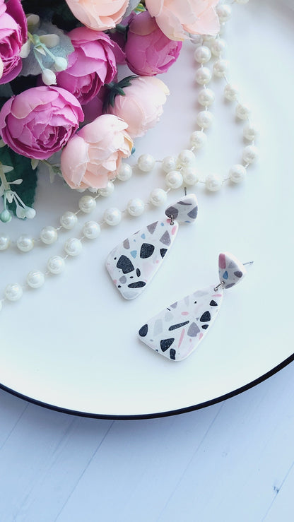 Terrazzo-Inspired Polymer Clay Earrings/Minimalist White Earrings with Abstract Patterns/Modern Abstract Handmade Clay Earrings