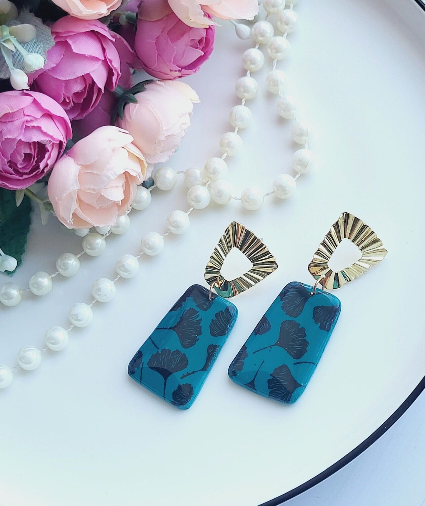 Bold Teal and Black Floral Polymer Clay Earrings for a Sophisticated Look/Modern Handmade Statement Earrings with Bold Floral Design