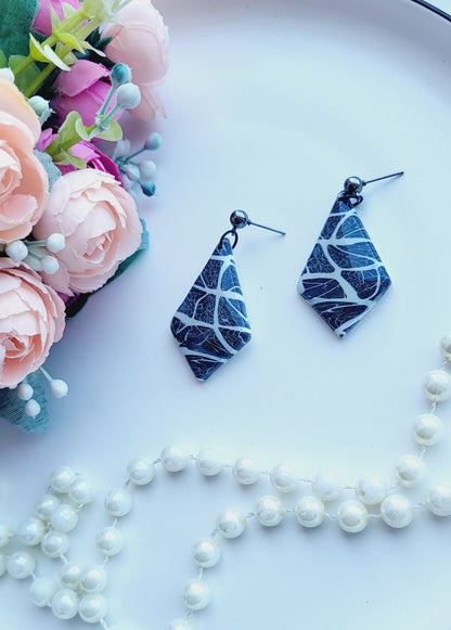 Nature-Inspired Polymer Clay Statement Jewelry/Unique Artisan Polymer Clay Earrings/Elegant Black and White Triangle Drop Earrings