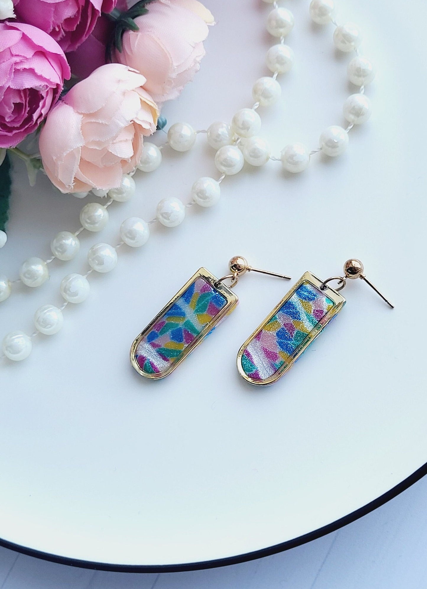 Colorful Mosaic Polymer Clay Earrings/Bold and Bright Mosaic-Inspired Earrings/Playful and Colorful Rectangular Earrings
