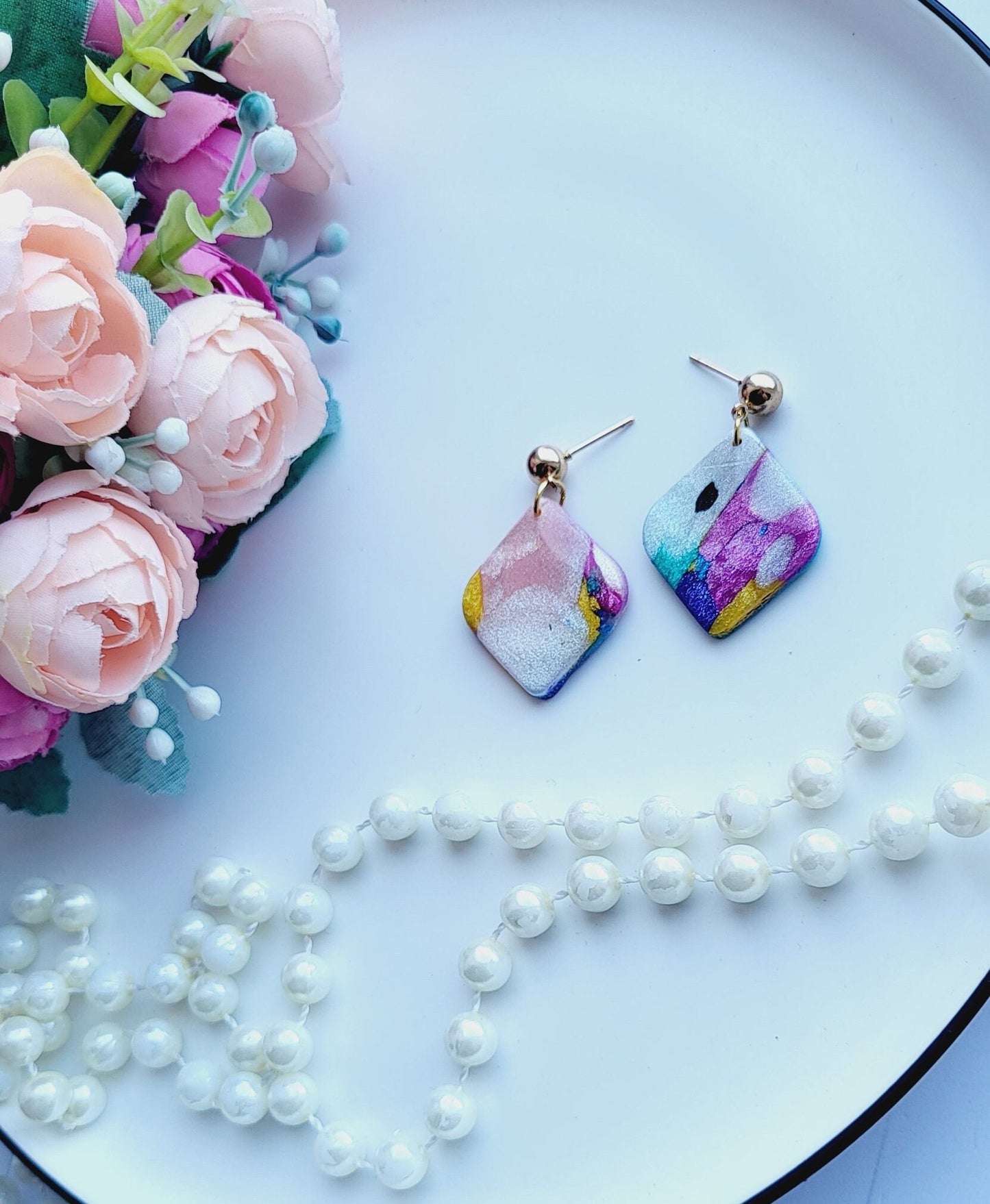 Iridescent Delight Polymer Clay Earrings/Shimmering Hues Handmade Earrings/Pastel Abstract Polymer Jewelry/Geometric Drop Clay Earrings