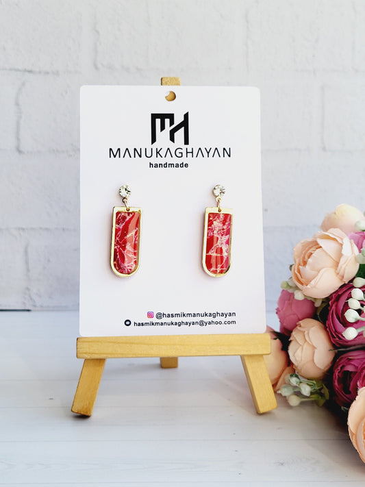 Elegant Rectangular Earrings with Marble Texture and Gold Frame/Contemporary Polymer Clay Earrings with Gold and Marble Finish