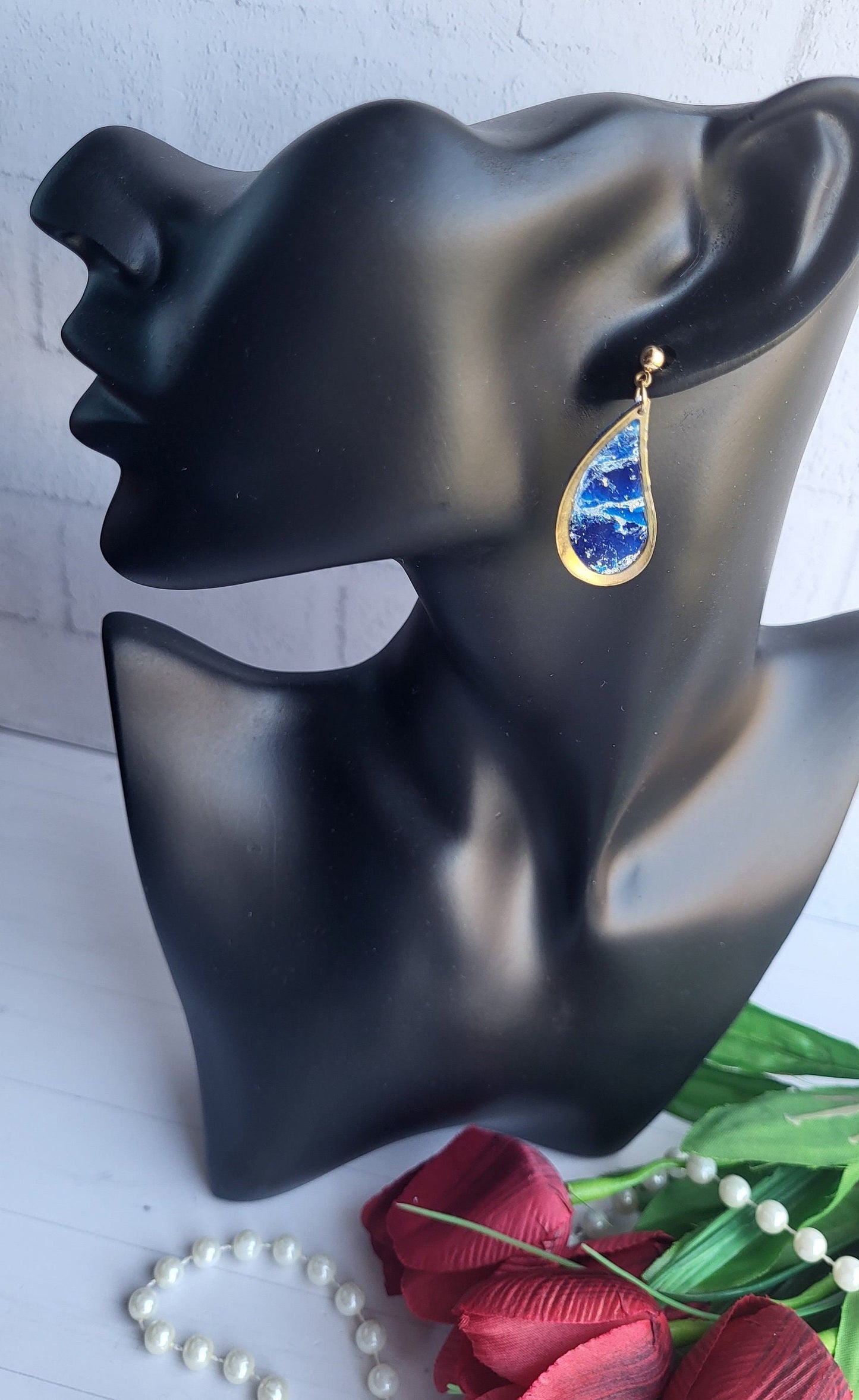 Elegant Teardrop Blue Polymer Clay Earrings/Marbled Blue and Gold Teardrop Dangle Earrings/Golden Frame and Blue Art Earrings