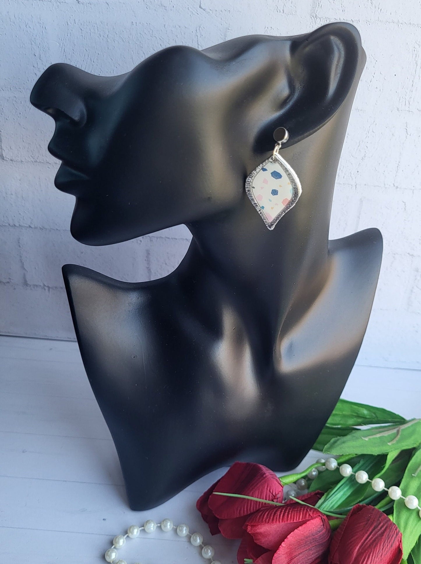 Handmade Polymer Clay Earrings with Terrazzo Pattern and Silver Frames/Elegant Teardrop Earrings with Abstract Polymer Clay Design