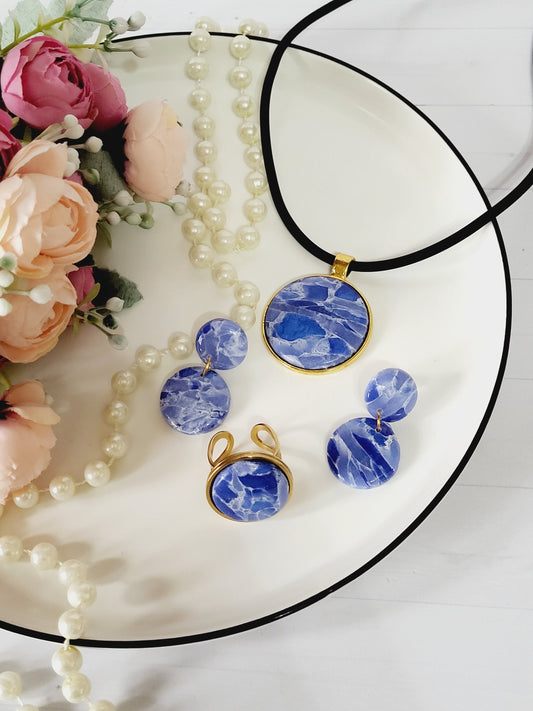 Beautiful Blue Jewelry Set | Polymer Clay Handmade Necklace | Earrings | Ring | Spring Summer Statement Jewelry | spring and summer Jewelry