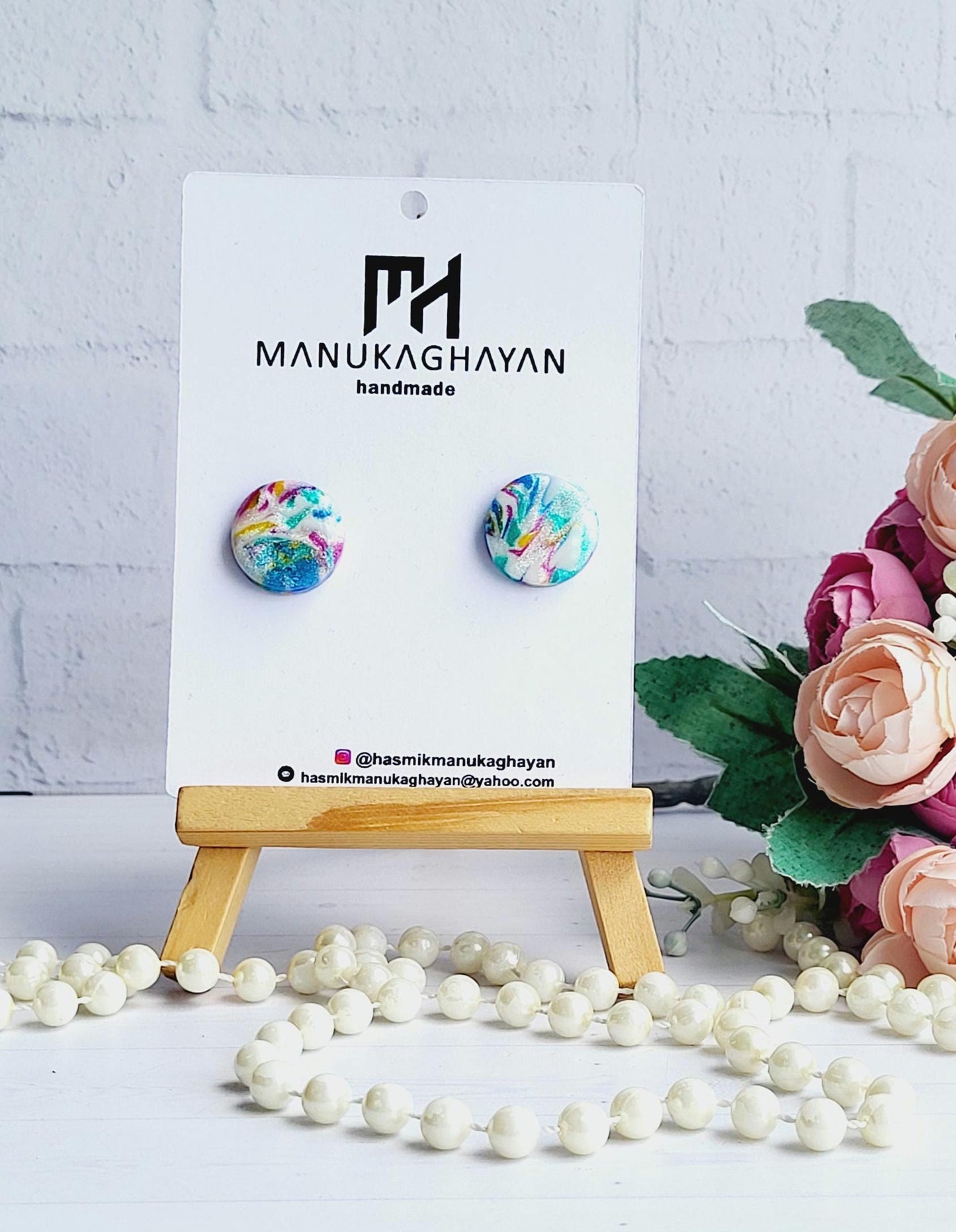 Vibrant Abstract Design Earrings in Polymer Clay/Artistic Small Round Earrings with Colorful Patterns