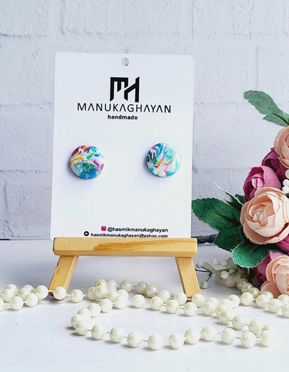 Vibrant Abstract Design Earrings in Polymer Clay/Artistic Small Round Earrings with Colorful Patterns