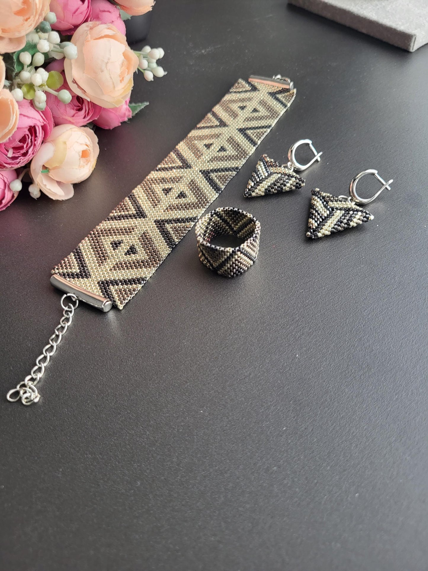 Geometric Beaded Jewelry Set – Handmade Bracelet 15×3 cm, Ring and  Earrings/Black and silver Beaded Jewelry Set