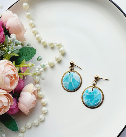 Turquoise and White Marble Earrings | Handmade Polymer Clay Earrings | Statement Dangle Round Earrings | Marbled Pattern Open Circle Dangle