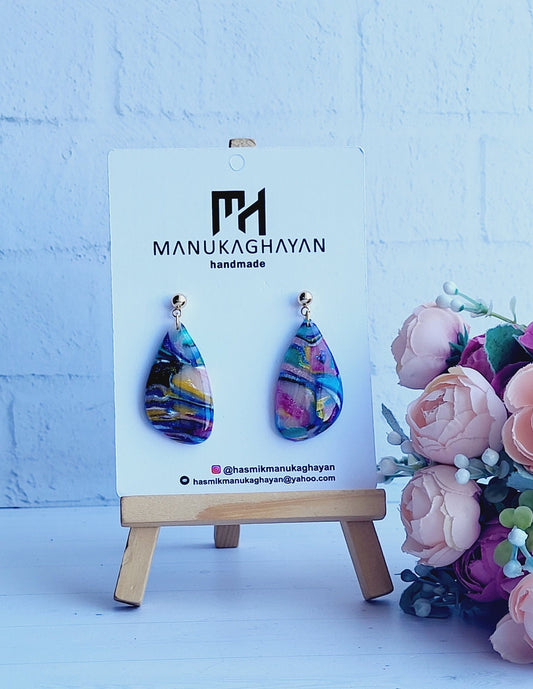 Unique Colorful Teardrop Earrings/Bohemian Art-Inspired Earrings/Abstract Design Polymer Clay Earrings/Swirl Design Polymer Earrings