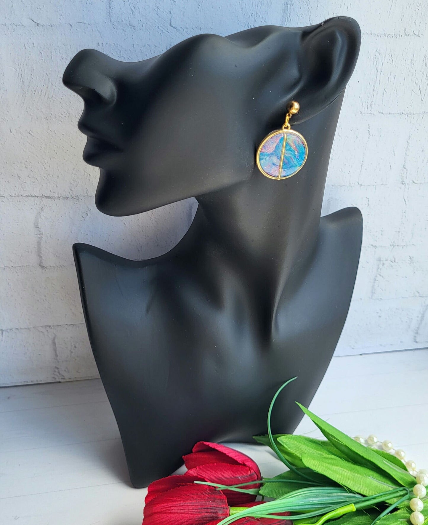 Handmade Abstract Polymer Clay Drop Earrings with Gold Accent/Unique Colorful Polymer Clay Earrings with Minimalist Gold Line