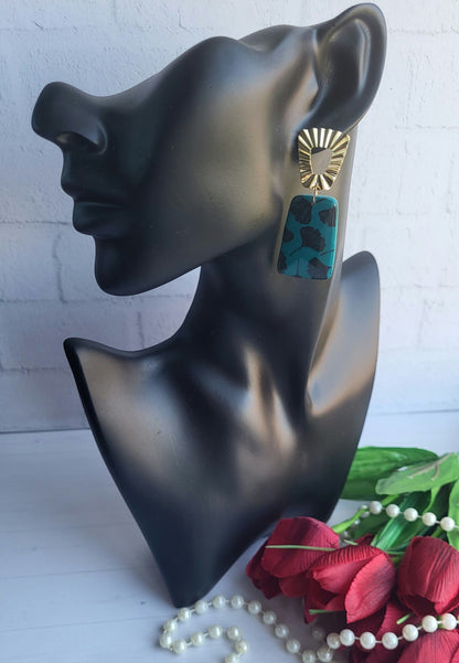 Bold Teal and Black Floral Polymer Clay Earrings for a Sophisticated Look/Modern Handmade Statement Earrings with Bold Floral Design