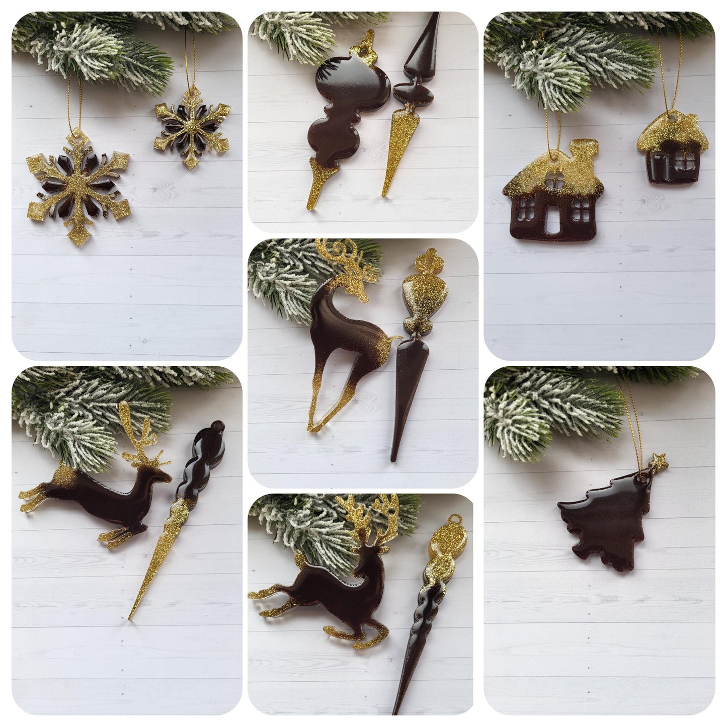 Stylish Holiday Decor | Handmade Epoxy Resin Christmas Ornaments Set | Deer and House | Resin Christmas Tree Toys | Xmas Tree Decorations