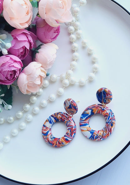 Vibrant Swirl Hoop Polymer Clay Earrings/Handcrafted Round Dangle Earrings in Abstract Colors/Colorful Abstract Circle Dangle Earrings