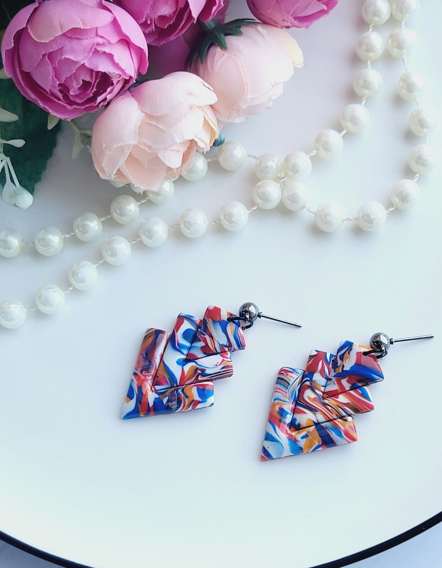 Marbled Artistry Polymer Clay Earrings/Geometric Mosaic Statement Dangles/Handmade Multicolor Geometric Drops