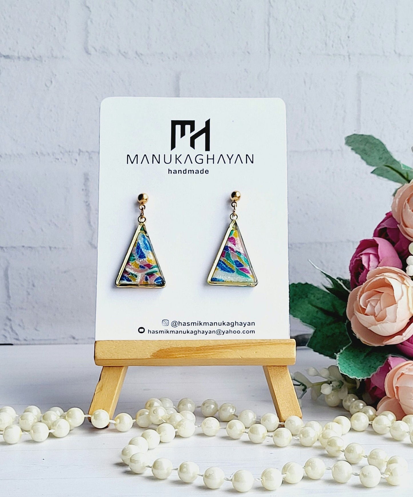 Colorful Handmade Triangle Polymer Clay Earrings with Gold Frame/Vibrant Geometric Polymer Clay Drop Earrings in Bold Colors/