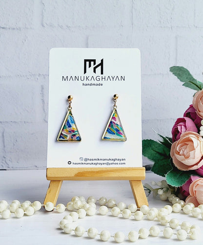 Colorful Handmade Triangle Polymer Clay Earrings with Gold Frame/Vibrant Geometric Polymer Clay Drop Earrings in Bold Colors/