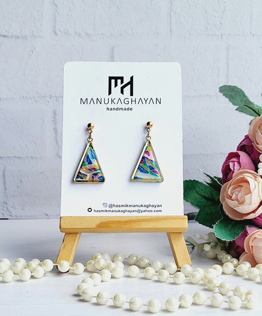 Colorful Handmade Triangle Polymer Clay Earrings with Gold Frame/Vibrant Geometric Polymer Clay Drop Earrings in Bold Colors/