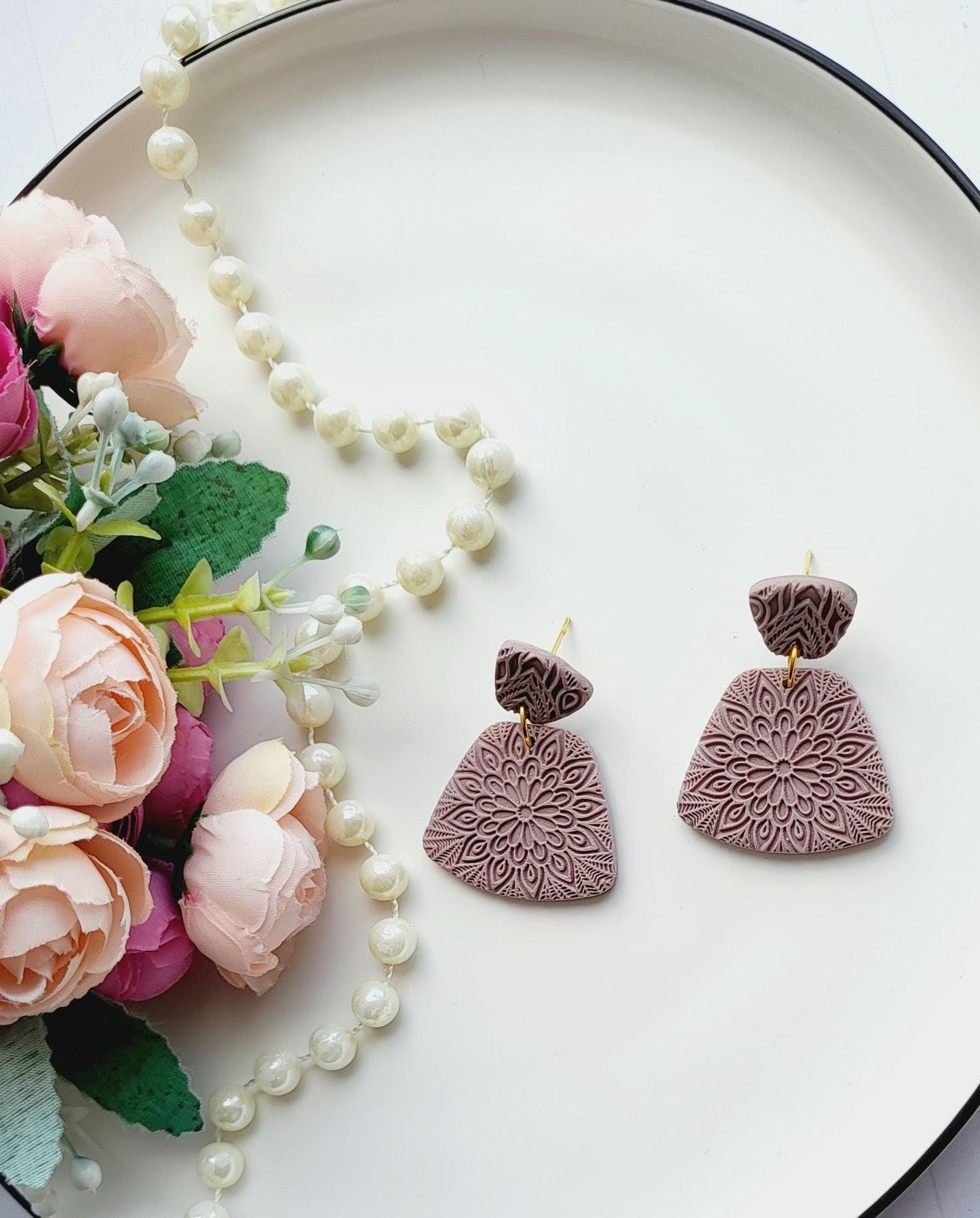 Earthy Mauve Floral Mandala Earrings | Embossed Detail Yoga Earrings | Handmade Floral Statement Jewelry | Nature-Inspired Clay Earrings