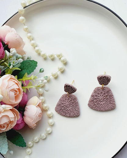 Earthy Mauve Floral Mandala Earrings | Embossed Detail Yoga Earrings | Handmade Floral Statement Jewelry | Nature-Inspired Clay Earrings