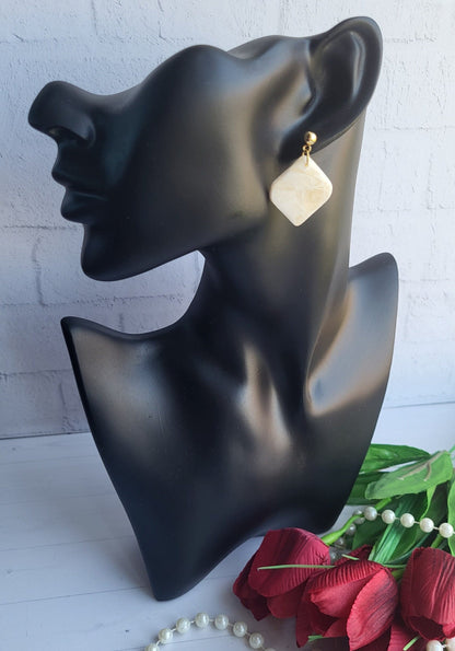 Elegant Marble-Effect Polymer Clay Earrings/Minimalist Square Dangle Earrings in Neutral Tones/Handcrafted Lightweight Polymer Clay Jewelry