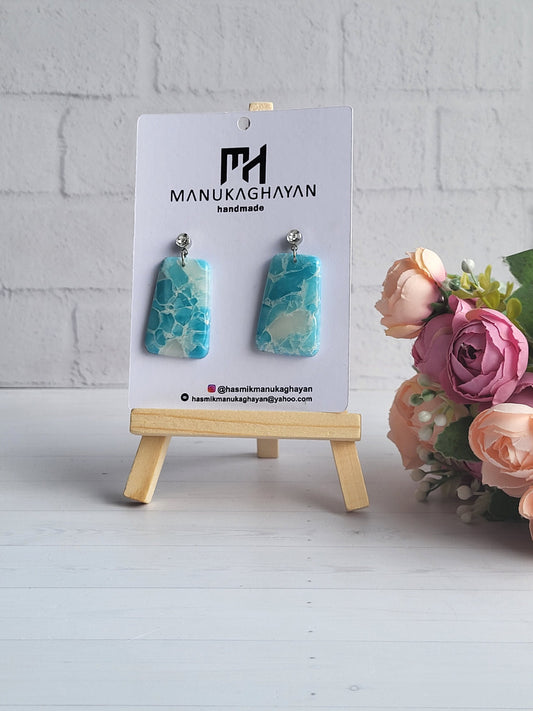 Turquoise Rectangle Polymer Clay Earrings/Lightweight Aqua Statement Earrings/Marble Effect Polymer Clay Jewelry
