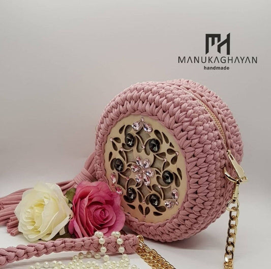 Handmade Knitted Bag with Wooden & Stone Decor | Chain  Fabric Handle | Cotton Lining Pocket | Stylish Boho Bag | Unique Handmade Purse
