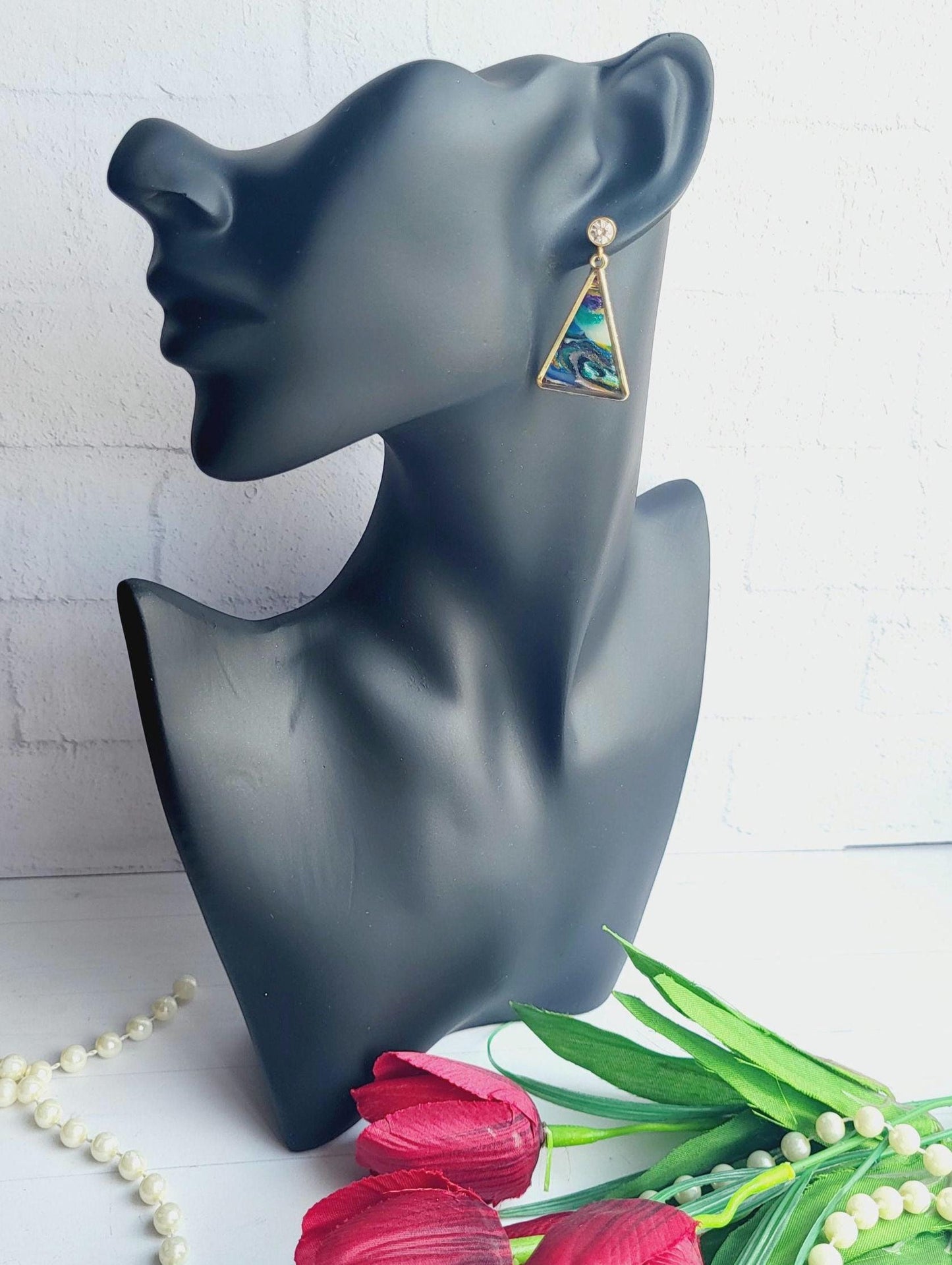 Triangle Geometric Dangle Polymer Clay Earrings | Blue Minimalist Earrings |  Bold Triangle Earrings | Handmade Jewelry | Statement Earrings