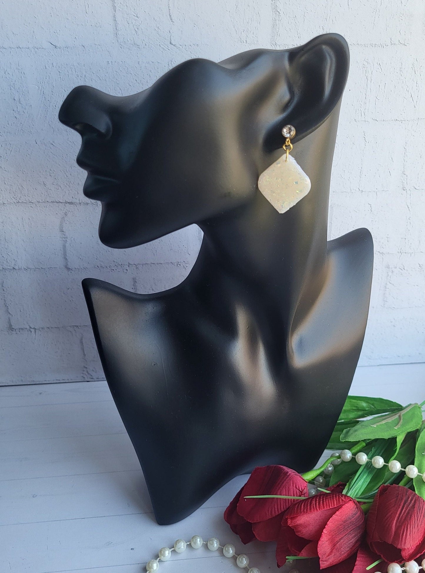 Sparkling Ivory Polymer Clay Earrings/Handmade Square Drop Glitter Earrings/Minimalist Ivory Glitter Clay Earrings